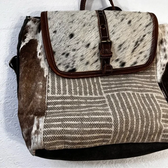 Myra Bag Handmade Crossroads Backpack Upcycled Canvas Cowhide Leather Patchwork - Picture 3 of 16